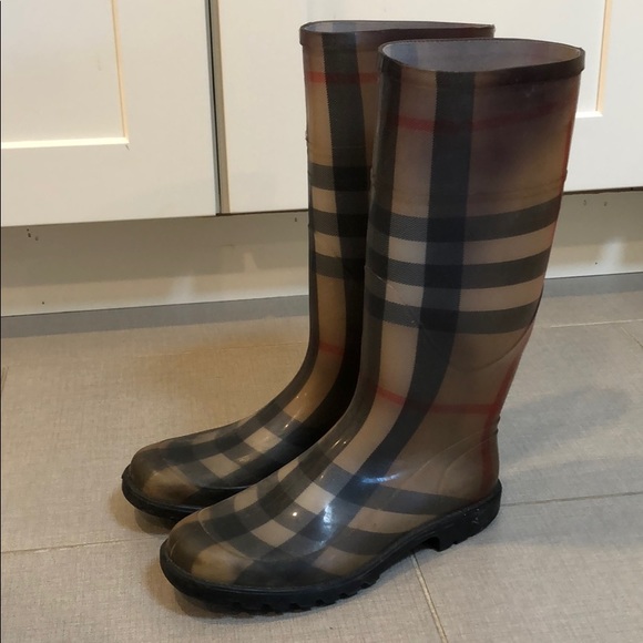 Burberry Brown Nova Check Rubber Rain Boots - Picture 1 of 9